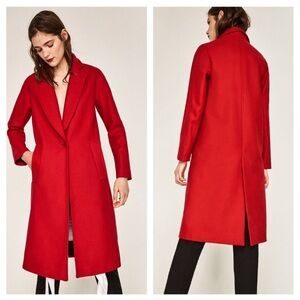 Zara Women Long Lapel Wool Coat Red Sz Small